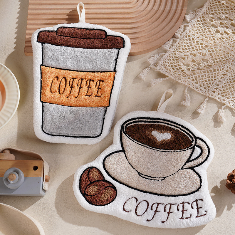 Piiriülene uus kohvimustriga rätik paksendatud korallfliisist tikandiga armas käsitsi valmistatud köögirätiku eksport