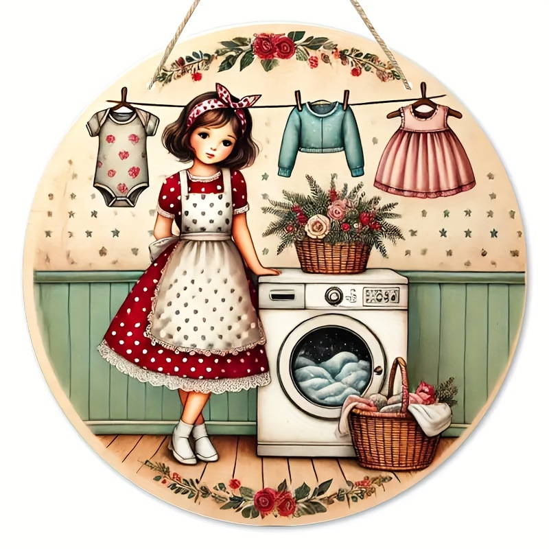 Vintage stílusú, fából készült, lányos mosóhorog - virágmintás és gyermekkori emlékdizájn, otthoni és ajtódekoráció