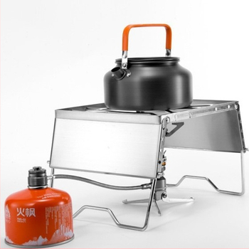 Nerūsējošā tērauda saliekams daudzfunkcionāls vējstikls, vēja necaurlaidīgs grila plīts galvas kronšteins, pārnēsājams piknika katlu statīvs