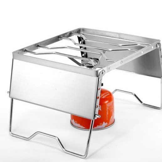 Nerūsējošā tērauda saliekams daudzfunkcionāls vējstikls, vēja necaurlaidīgs grila plīts galvas kronšteins, pārnēsājams piknika katlu statīvs