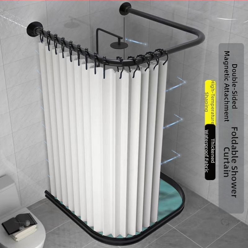 Сгъваем комплект магнитни завеси за душ за баня без пробиване U-образен прът Душ кабина Водоустойчива преграда за сухо и мокро разделяне