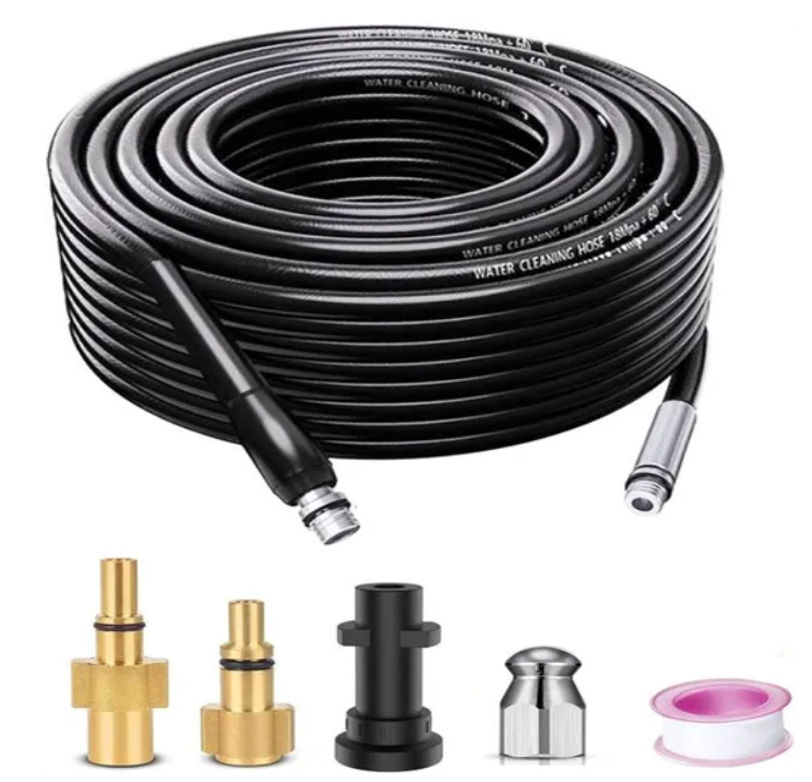 Tarpvalstybiniu mastu parduodama „Kach K“ serijos aukšto slėgio automobilių plovimo mašina, skirta kanalizacijos vamzdžių valymui su besisukančiu antgaliu.