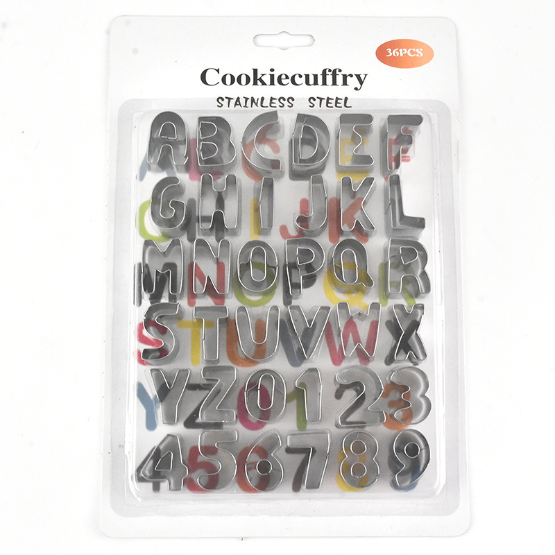 Nerūdijančio plieno skaičių, angliškų raidžių sausainių formelių, 36 dalių rinkinys sausainių kepimo formoms