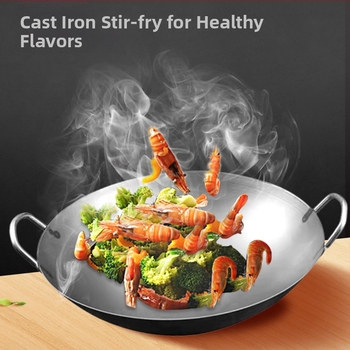 Buitinė senovinė geležinė keptuvė be dangos virėjams, dujinė viryklė, virta geležinė keptuvė su nelimpančia danga, didelė geležinė keptuvė su dviem ausimis