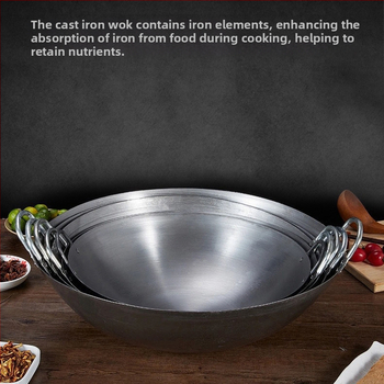 Buitinė senovinė geležinė keptuvė be dangos virėjams, dujinė viryklė, virta geležinė keptuvė su nelimpančia danga, didelė geležinė keptuvė su dviem ausimis