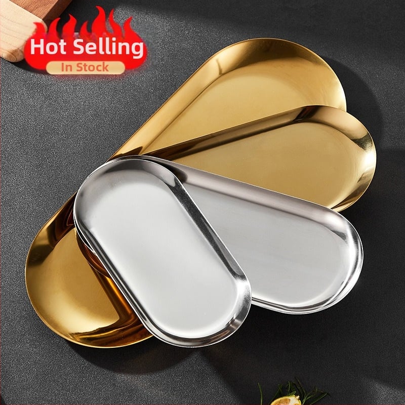Pārrobežu uzkodu šķīvis, maizes kūka, uzkodu kvadrātveida šķīvis, plakans korpuss, korejiešu stila zelta nerūsējošā tērauda ovāls spoguļšķīvis