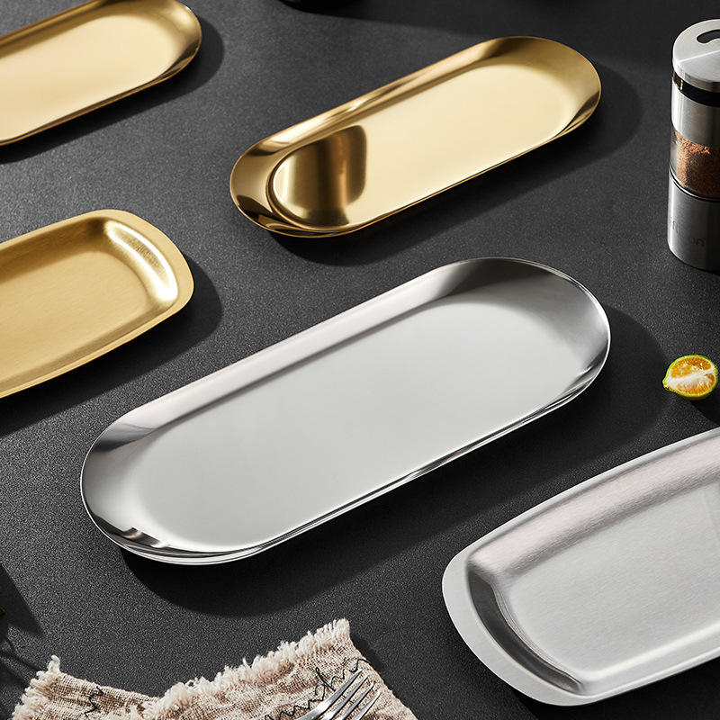 Határokon átnyúló snack étel kenyér sütemény snack négyzet alakú tányér lapos alváz koreai stílusú arany rozsdamentes acél ovális tükörtányér