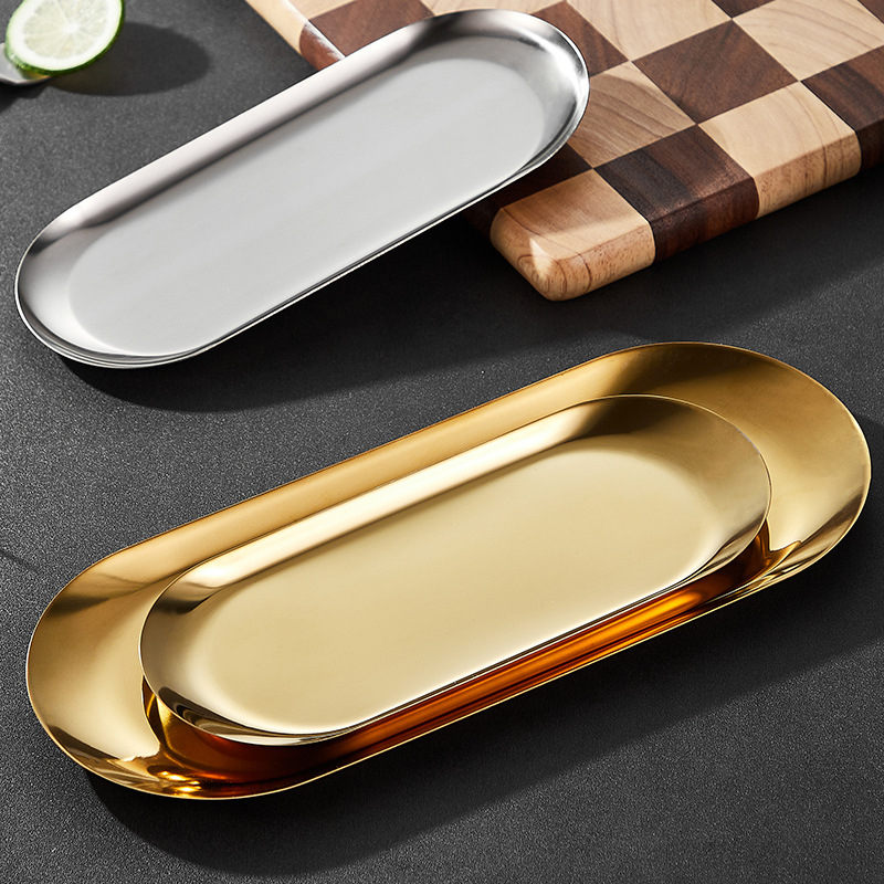 Határokon átnyúló snack étel kenyér sütemény snack négyzet alakú tányér lapos alváz koreai stílusú arany rozsdamentes acél ovális tükörtányér