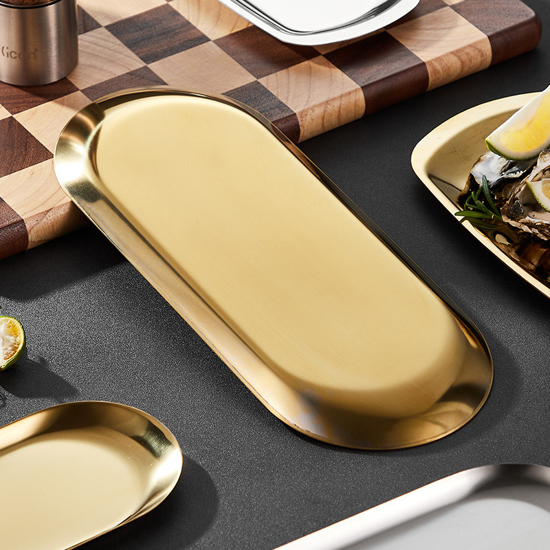 Határokon átnyúló snack étel kenyér sütemény snack négyzet alakú tányér lapos alváz koreai stílusú arany rozsdamentes acél ovális tükörtányér