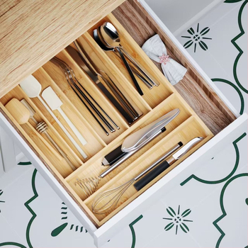 Virtuvės stalčių laikymo dėžė, bambuko stalo įrankių laikymo dėžė, stalčių organizatoriaus dėžutė, subformatas, stalčiaus tipo peilių ir šakučių dėžutė