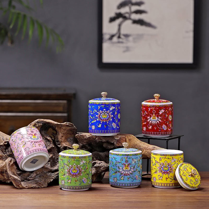 Tiesioginio gamyklinio tiekimo emalio spalvos arbatos skardinės, keraminės mažos buitinės sandarios skardinės, rūmų stiliaus arbatos laikymo skardinės, dovanų mažos arbatos skardinės