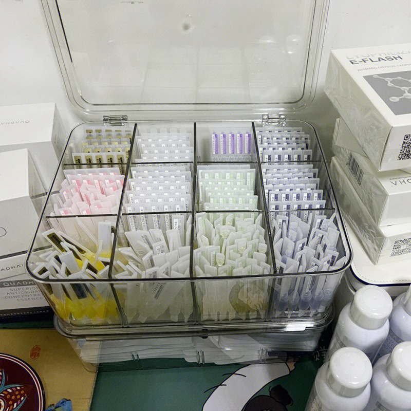 Vienkartinių esencijos laikymo dėžutė kosmetikos pavyzdžių laikymo lentynėlė, skirta odos priežiūros produktams, lūpų dažams, akrilo apdailos dėžutė, skaidri