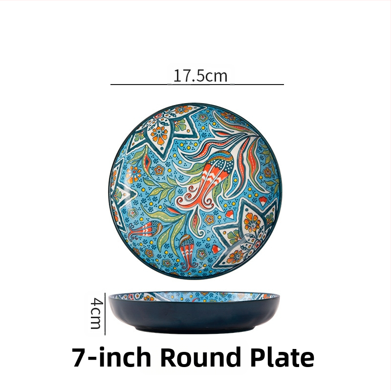 Bohemiška keraminė lėkštė, išvaizdi namų apyvokos reikmenų kūrybinė lėkštė, vaisių lėkštė, kepsnio lėkštė, gili lėkštė, disko formos stalo įrankiai