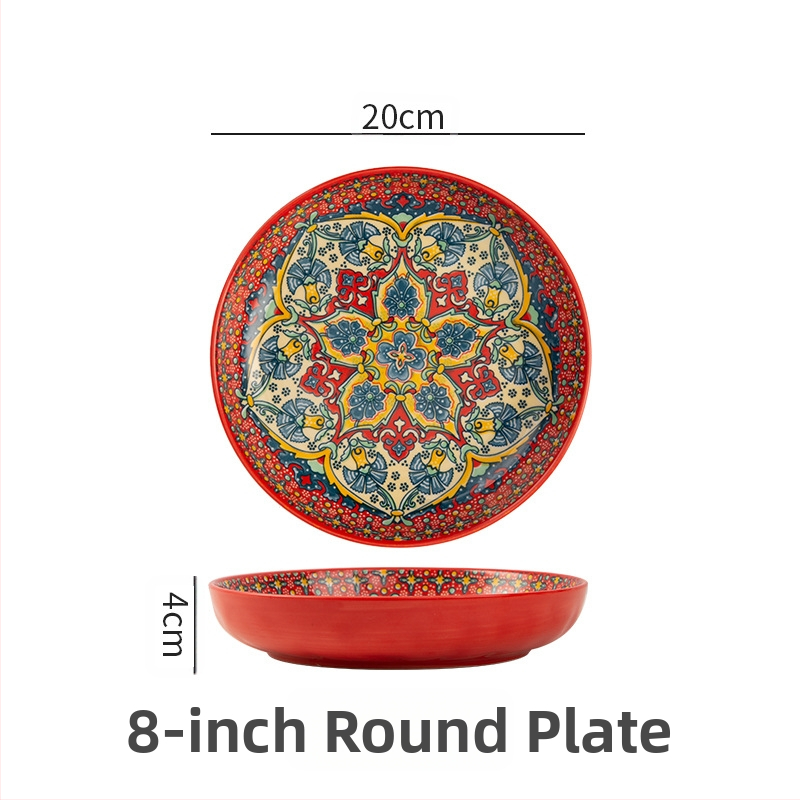 Bohemiška keraminė lėkštė, išvaizdi namų apyvokos reikmenų kūrybinė lėkštė, vaisių lėkštė, kepsnio lėkštė, gili lėkštė, disko formos stalo įrankiai