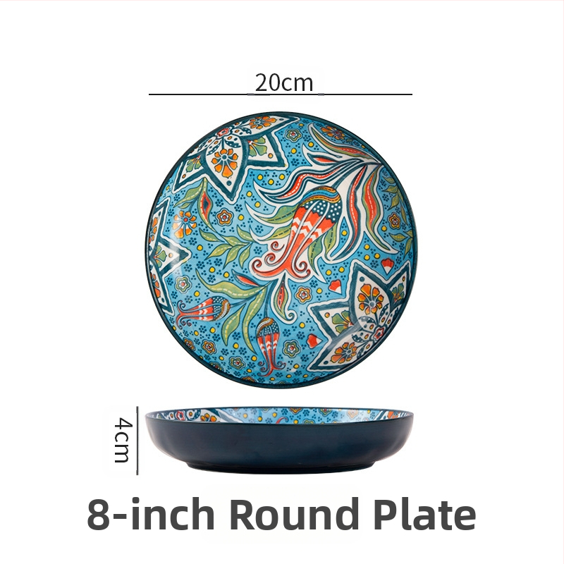 Bohemiška keraminė lėkštė, išvaizdi namų apyvokos reikmenų kūrybinė lėkštė, vaisių lėkštė, kepsnio lėkštė, gili lėkštė, disko formos stalo įrankiai