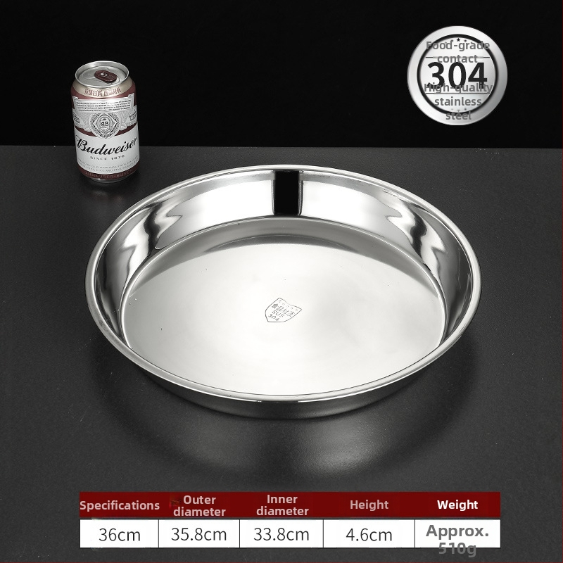 Īpaši bieza 304 nerūsējošā tērauda apaļa kūkas šķīvja, aukstās ādas Gong Gong komerciāla liela plakana šķīvja, dziļa šķīvja paplāte, dārzeņu šķīvis, tvaicēta kūkas šķīvis