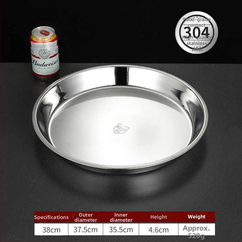 Īpaši bieza 304 nerūsējošā tērauda apaļa kūkas šķīvja, aukstās ādas Gong Gong komerciāla liela plakana šķīvja, dziļa šķīvja paplāte, dārzeņu šķīvis, tvaicēta kūkas šķīvis