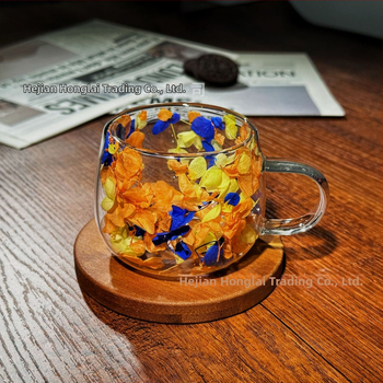 Νέο διασυνοριακό ποτήρι καφέ υψηλής αξίας από διπλό γυαλί Real Flower με λαβή, αντι-εγκαύματα και θερμομονωτικό, υψηλής βοριοπυριτικό γυαλί
