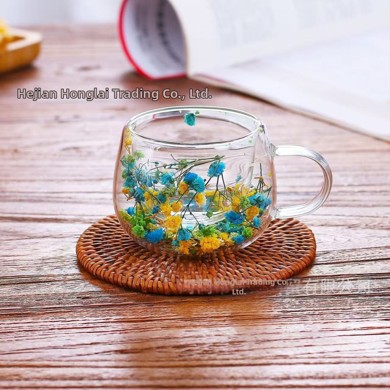 Határokon átnyúló új, valódi virágmintás, kétrétegű üvegből készült, kiváló minőségű kávésbögre fogantyúval, forrázásgátló és hőszigetelő, magas boroszilikát üvegből