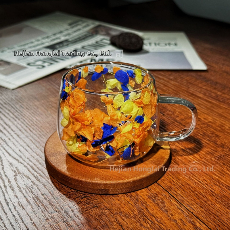 Határokon átnyúló új, valódi virágmintás, kétrétegű üvegből készült, kiváló minőségű kávésbögre fogantyúval, forrázásgátló és hőszigetelő, magas boroszilikát üvegből