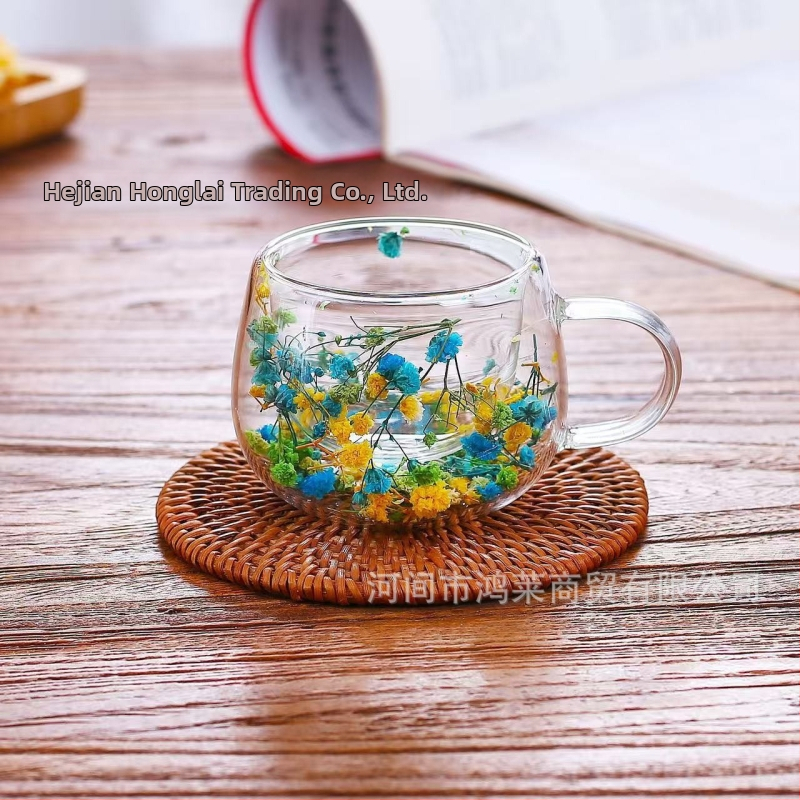 Határokon átnyúló új, valódi virágmintás, kétrétegű üvegből készült, kiváló minőségű kávésbögre fogantyúval, forrázásgátló és hőszigetelő, magas boroszilikát üvegből