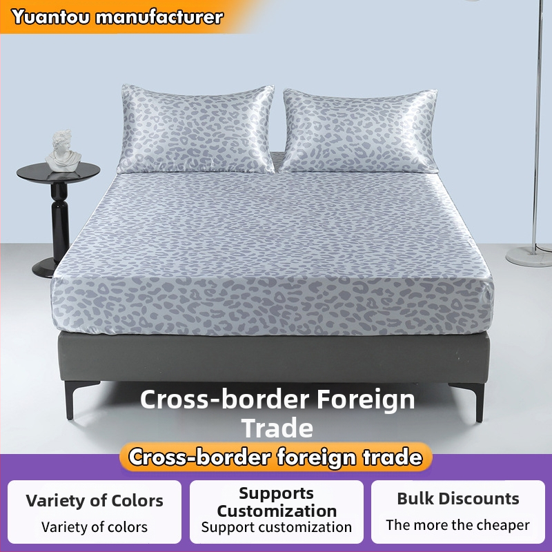 Ääreäärise satiinist digitaaltrükiga leoparditrükiga lina madratsikate, padjapüür, kolmeosaline voodipesukomplekt