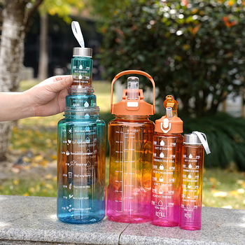 „Huangyan“ plastikinis puodelis, trijų viename sportinis virdulys, 2 l, skaidrus gradientinis, tarpsieninis, trijų dalių puodelis, UV danga dengtas dvigubas geriamojo burnos dangtelis