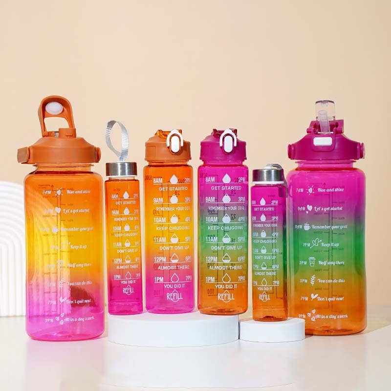 „Huangyan“ plastikinis puodelis, trijų viename sportinis virdulys, 2 l, skaidrus gradientinis, tarpsieninis, trijų dalių puodelis, UV danga dengtas dvigubas geriamojo burnos dangtelis