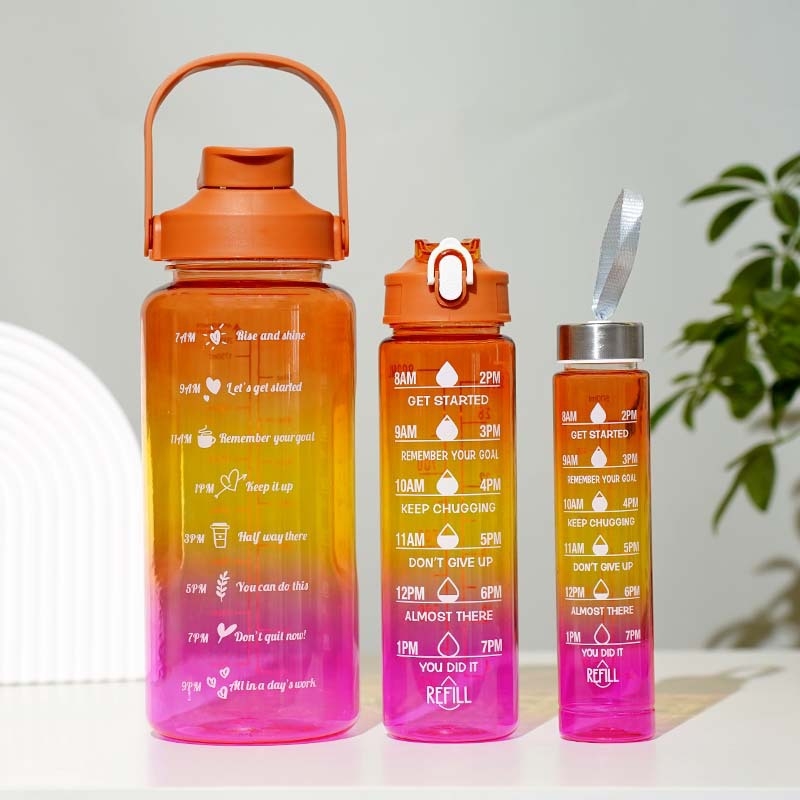 „Huangyan“ plastikinis puodelis, trijų viename sportinis virdulys, 2 l, skaidrus gradientinis, tarpsieninis, trijų dalių puodelis, UV danga dengtas dvigubas geriamojo burnos dangtelis