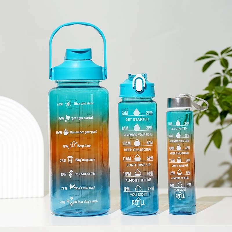 „Huangyan“ plastikinis puodelis, trijų viename sportinis virdulys, 2 l, skaidrus gradientinis, tarpsieninis, trijų dalių puodelis, UV danga dengtas dvigubas geriamojo burnos dangtelis