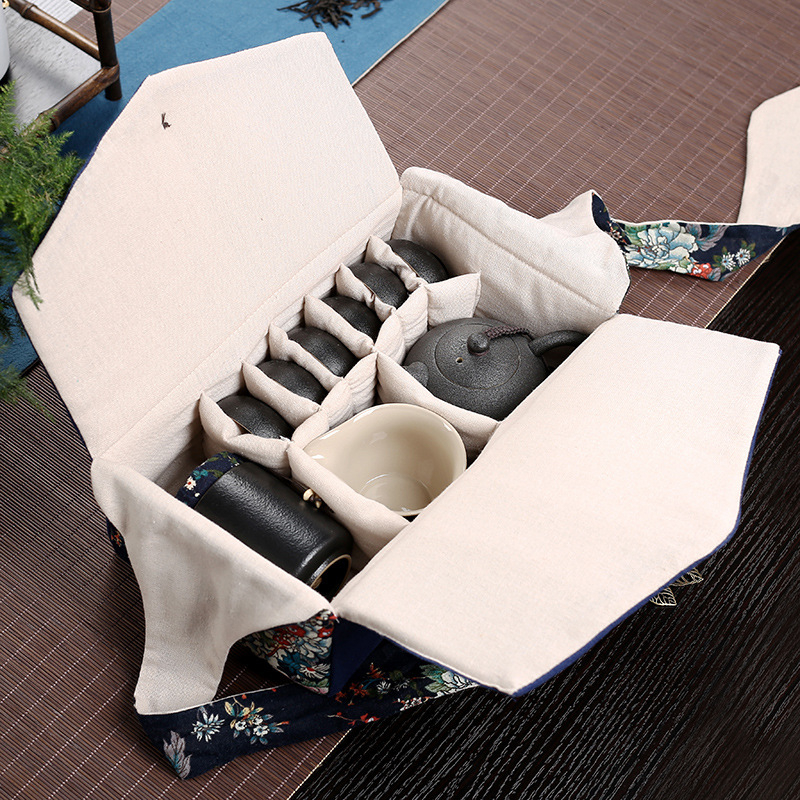 Luke lauko kelioninis arbatos servizo laikymo maišelis arbatinukui arbatos puodeliui laikyti maišelis medvilniniam linui rankinė su sutankintu vintažiniu lininiu maišeliu