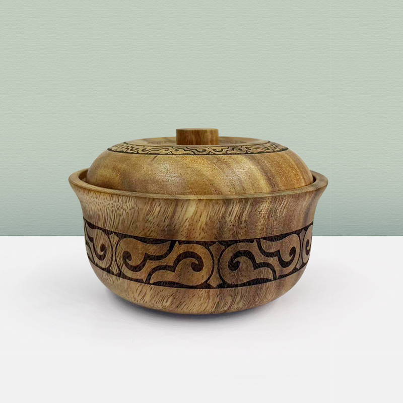 Akácfa, etnikai stílusú, fedeles fatál, fa tésztatál, gyerektál, baba kiegészítő ételkészlet, nagy, közepes és kis tál, gyümölcstányér