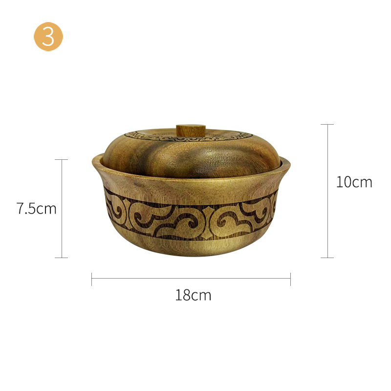 Akácfa, etnikai stílusú, fedeles fatál, fa tésztatál, gyerektál, baba kiegészítő ételkészlet, nagy, közepes és kis tál, gyümölcstányér