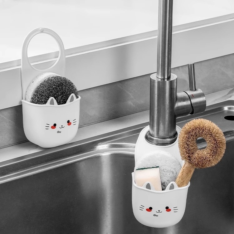 Virtuvės kriauklės kūrybingas drenažo krepšelis, silikoninis plastikinis animacinių filmukų katės stiliaus maišytuvas, be perforatorių, laikymo lentynėlė, pakabinamas krepšys