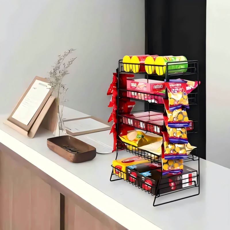 Viietasandiline suupistete vitriin krõpsude, kommide ja suupistete klambritega, sobib kööki, toidupoodi või supermarketi tööpinnale, kaasaskantav ja hõlpsasti hoiustatav