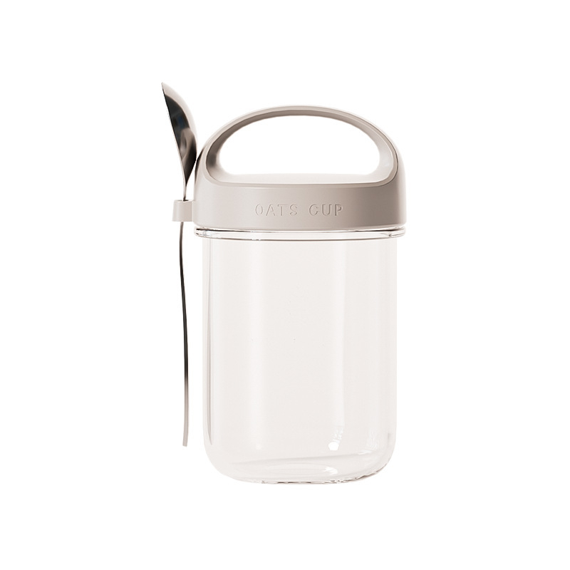 Šaukštą, pusryčių puodelį, jogurto puodelį, stiklinį didelį kaklelį sandariai uždarytą stiklainį, avižų puodelį, pieno kokteilio puodelį, dribsnių košę per naktį.