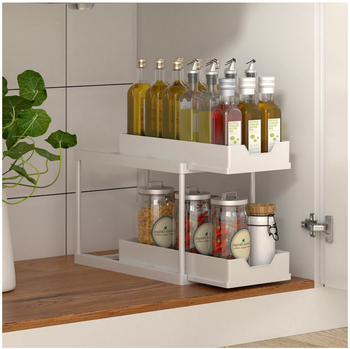 Dvisluoksnė laikymo lentyna virtuvei, prieskonių laikymo lentyna, kanalizacijos lentyna, tualeto kambario, svetainės laikymo lentyna, daugiafunkcinė apatinės kriauklės laikymo lentyna