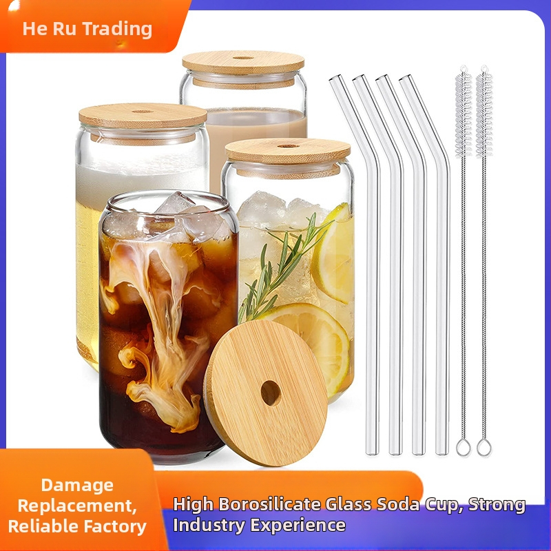 Διασυνοριακό βάζο καφέ, γάλακτος, άχυρου και χυμού υψηλής περιεκτικότητας σε βοριοπυριτικό γυαλί, με καπάκι, σετ κόλας 16oz