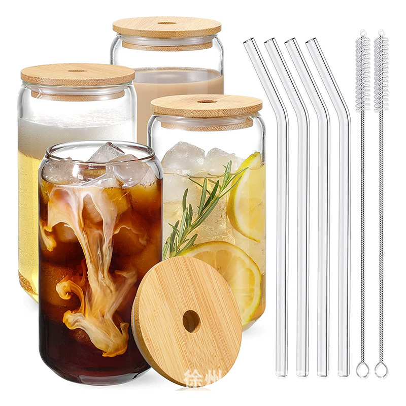 Tarpvalstybinis karšto pardavimo aukštos borosilikatinio stiklo sulčių kavos pieno šiaudelių masono indelis su dangteliu, 16oz kolos puodelio rinkinys