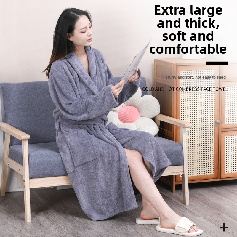 Коралов кадифен халат за двойки за мъже и жени, пижама с връзки и дълъг ръкав, удебелени водоабсорбиращи, бързосъхнещи дрехи за къпане