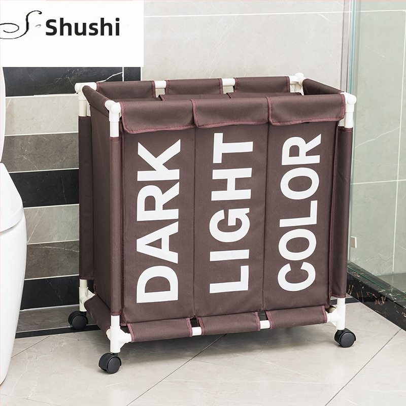 Небрежен и стилен кош за пране с три отделения и ролки, домашен кош за мръсни дрехи от оксфордски плат, влагоустойчив, сгъваем