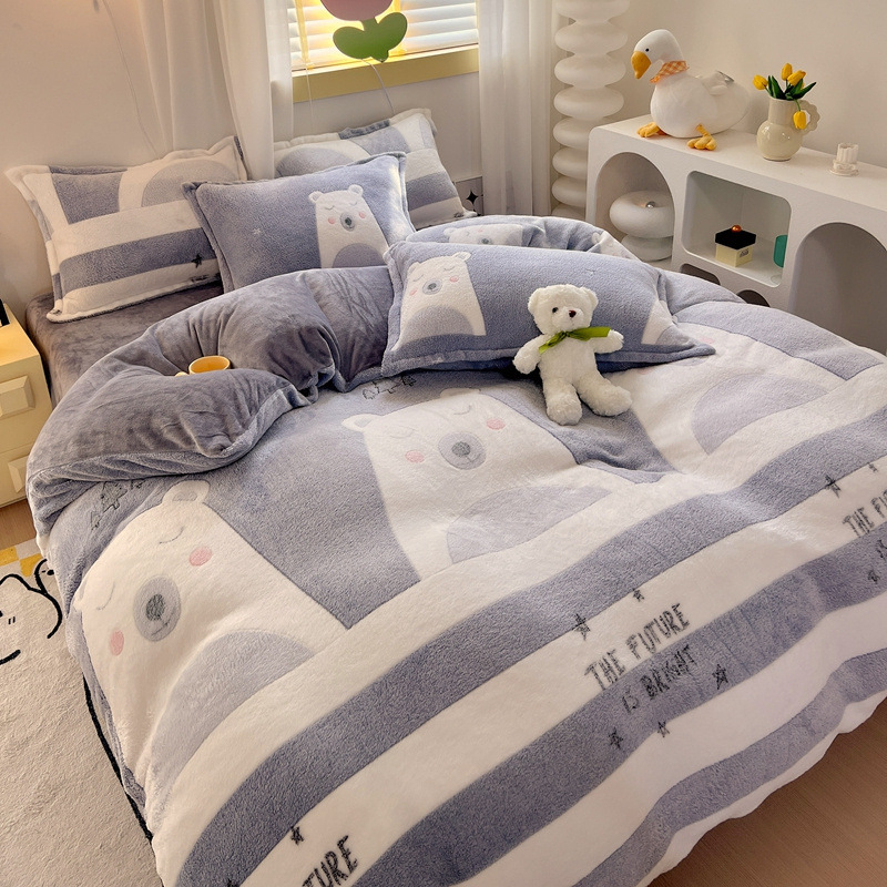 Téli hópehely bársony négyrészes szett meleg és vastag korall bársony háromrészes szett kétoldalas tej bársony egyrészes takaróhuzat rajzfilm nagykereskedelem