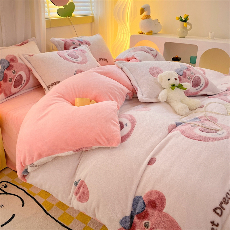 Téli hópehely bársony négyrészes szett meleg és vastag korall bársony háromrészes szett kétoldalas tej bársony egyrészes takaróhuzat rajzfilm nagykereskedelem