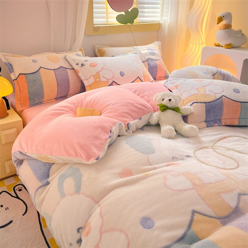 Téli hópehely bársony négyrészes szett meleg és vastag korall bársony háromrészes szett kétoldalas tej bársony egyrészes takaróhuzat rajzfilm nagykereskedelem