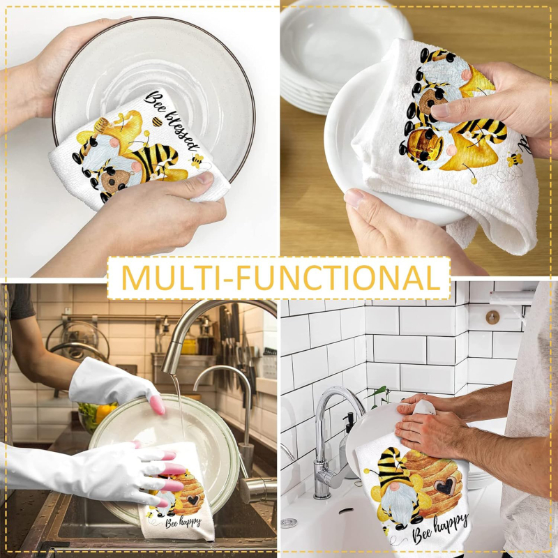 Köögirätik kollane kääbus kärgstruktuur mesilane õnnelik kodu köögikaunistus sissekolimise kingitus rätik