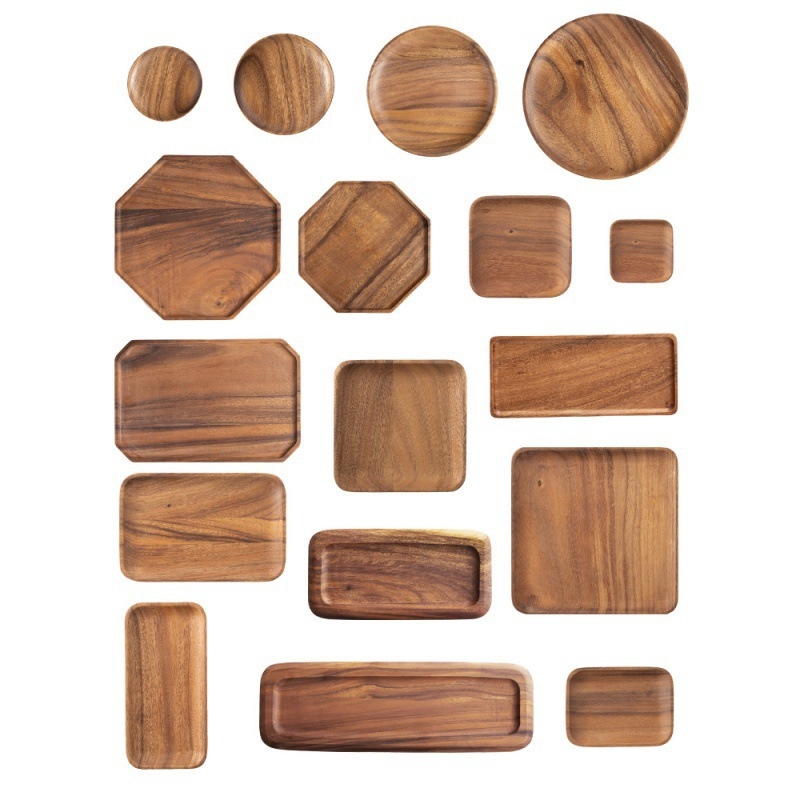Akacijos medinis padėklas, buitinis medinis arbatos rinkinys, laikymo lėkštė, restorano desertų užkandžių padėklas, viršutinė lėkštė, medžio masyvo vakarienės lėkštė