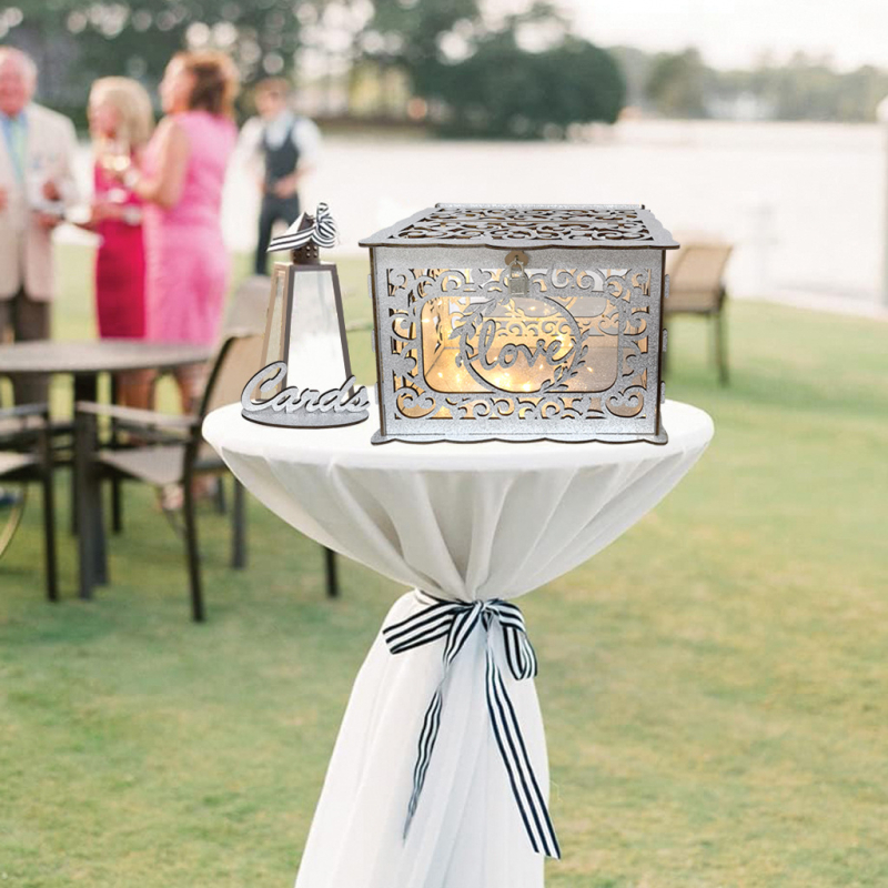 Új, barkácsolt fa esküvői ajándékkártya-doboz esküvői kellékek névjegykártya-bejelentő doboz fa esküvői asztali dekorációk nagykereskedelem