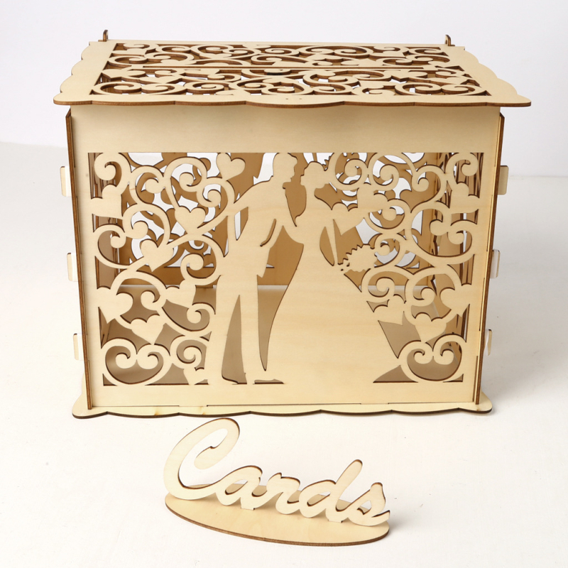 Új, barkácsolt fa esküvői ajándékkártya-doboz esküvői kellékek névjegykártya-bejelentő doboz fa esküvői asztali dekorációk nagykereskedelem