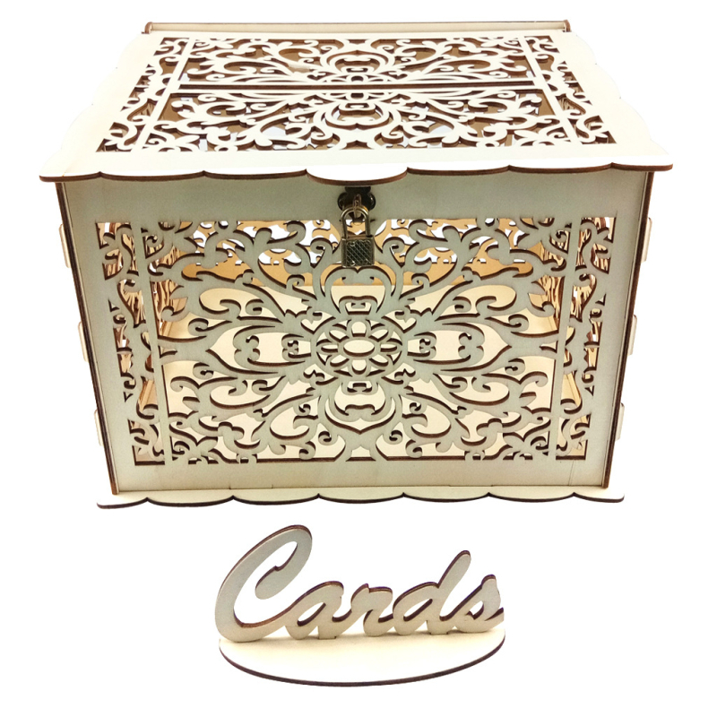 Új, barkácsolt fa esküvői ajándékkártya-doboz esküvői kellékek névjegykártya-bejelentő doboz fa esküvői asztali dekorációk nagykereskedelem