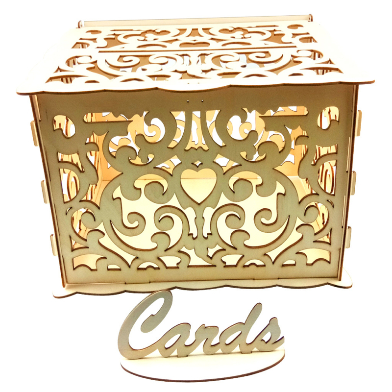 Új, barkácsolt fa esküvői ajándékkártya-doboz esküvői kellékek névjegykártya-bejelentő doboz fa esküvői asztali dekorációk nagykereskedelem